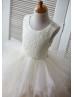 Champagne Lace Ruffle Tulle Tea Length Flower Girl Dress